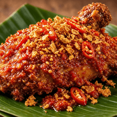 Ayam goreng bawang putih berbalut bumbu pedas dan irisan cabai merah di atas daun pisang