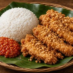 Fillet ayam tanpa tulang bertabur bawang putih goreng dengan nasi putih dan sambal