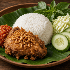 Paket nasi putih, ayam bawang putih, sambal, kemangi, kol, dan timun