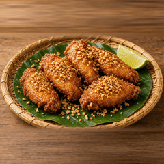 Lima sayap ayam goreng bertabur bawang putih goreng di tampah dengan jeruk nipis