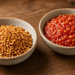 Semangkuk bawang putih goreng kriuk dan semangkuk sambal merah